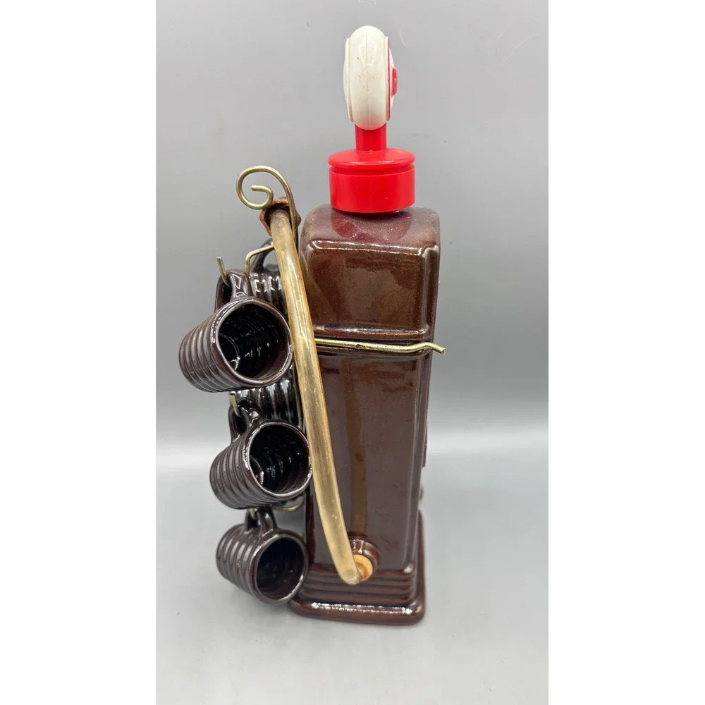 Vtg Gas‎ Pump Whiskey Decanter Set Ceramic Hippo Attendant 6 Shot Glasses EMPTY